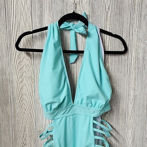 Aqua Eve Blue One Piece Halter Plunge V Neck Swimsuit Womens Size Medium NWT - Picture 3 of 12